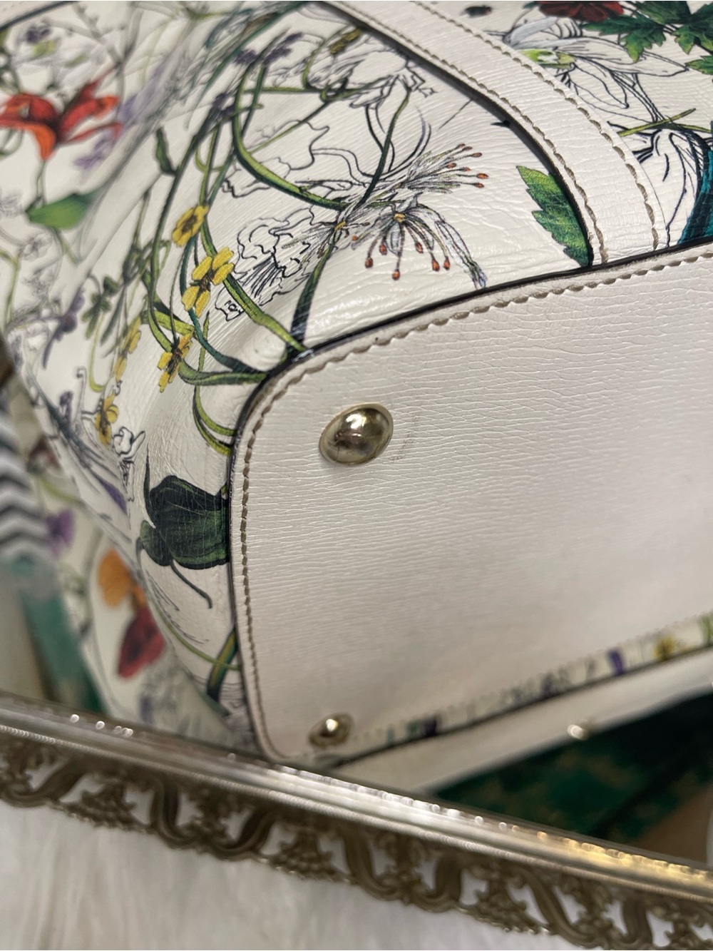 G-VGUC 2013 Gucci Flora Nice Medium Shoulder Tote Bag White Canvas Leather, GHW - Picture 9 of 16